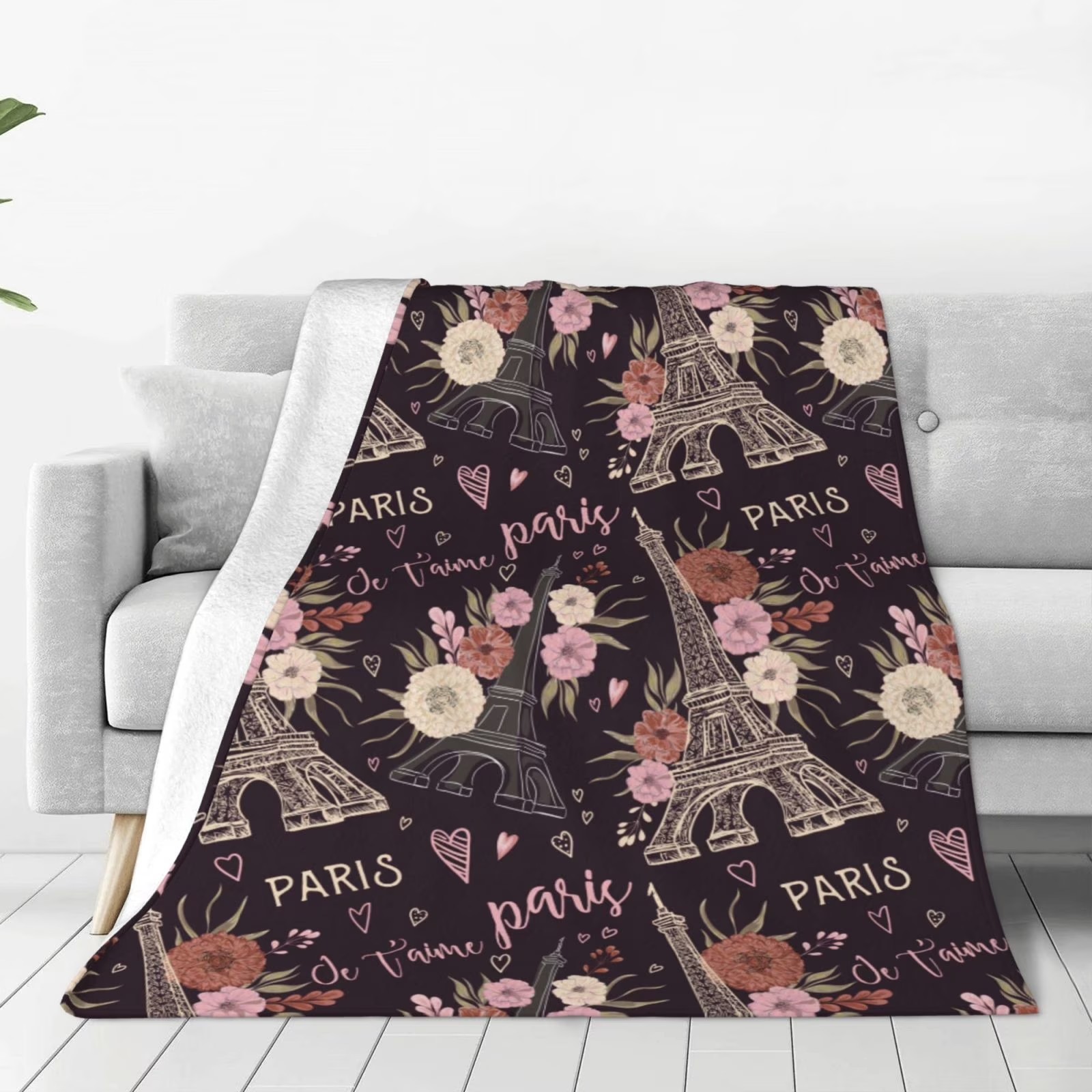 Home Textiles Paris - Romantische Fleece-Decke mit Blumenmuster und Eiffelturm