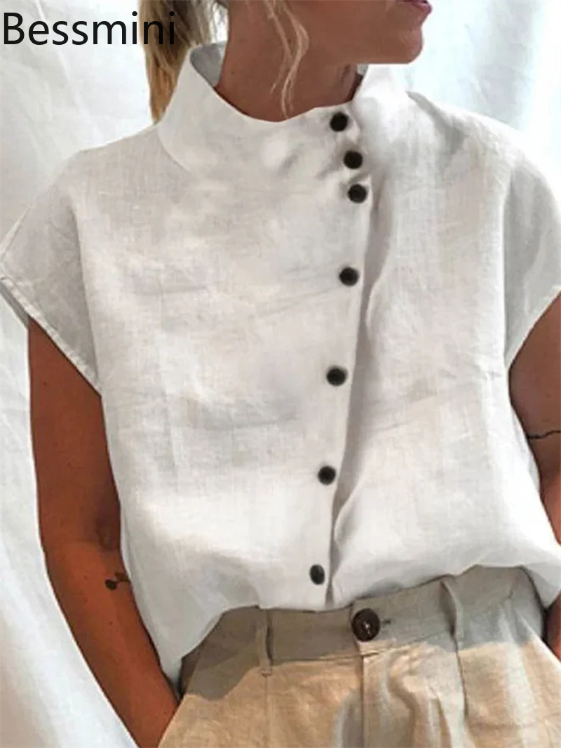 Home Textiles Store - Elegante Baumwoll-Leinen-Stehkragenbluse für Damen – Sommer