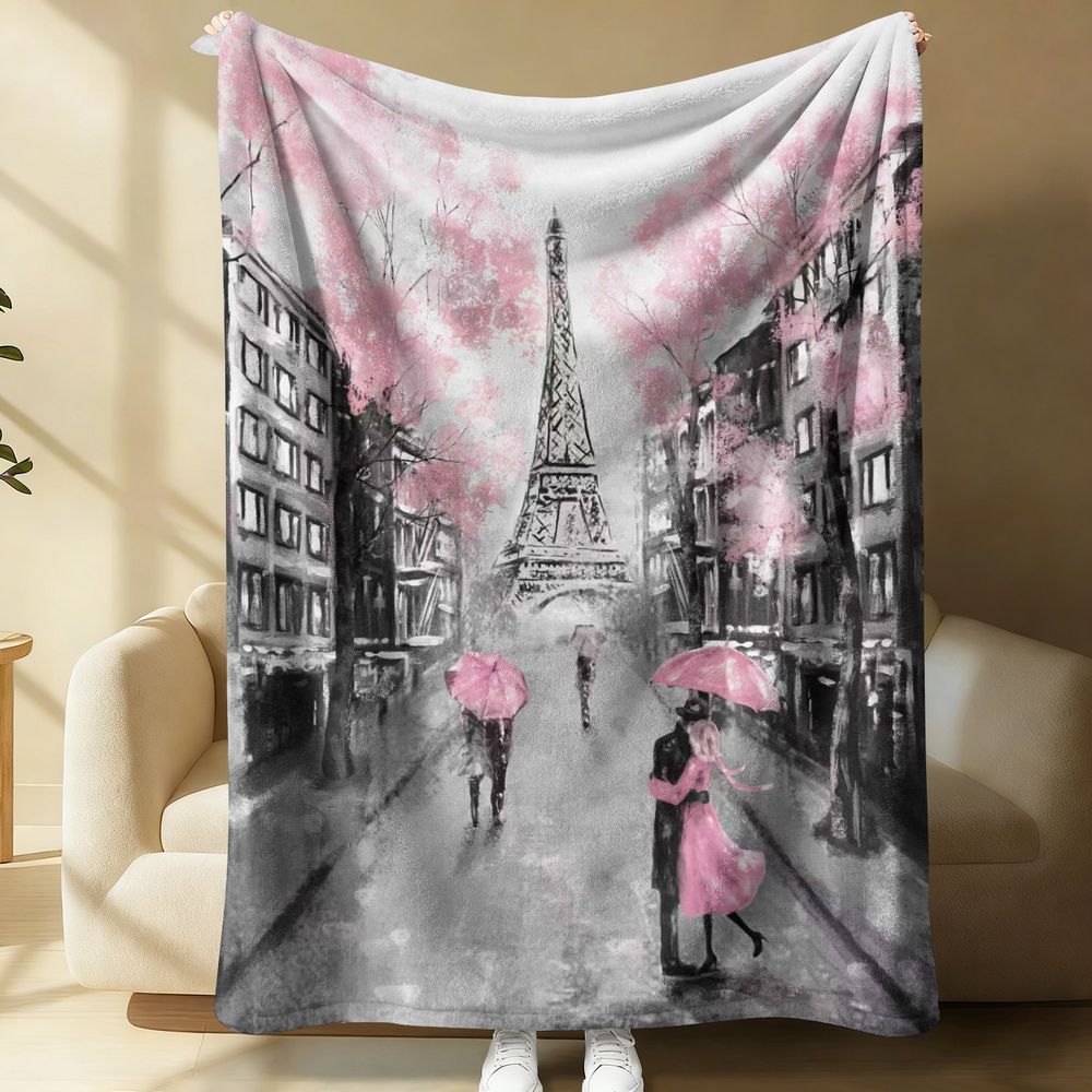 Home Textiles Paris - Romantische Flanell-Fleece-Decke mit Paris-Regentag-Motiv, Eiffelturm, Paar,